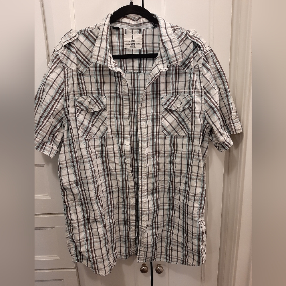 I Jeans by Buffalo men's casual button down shirt XXL white with brown and teal